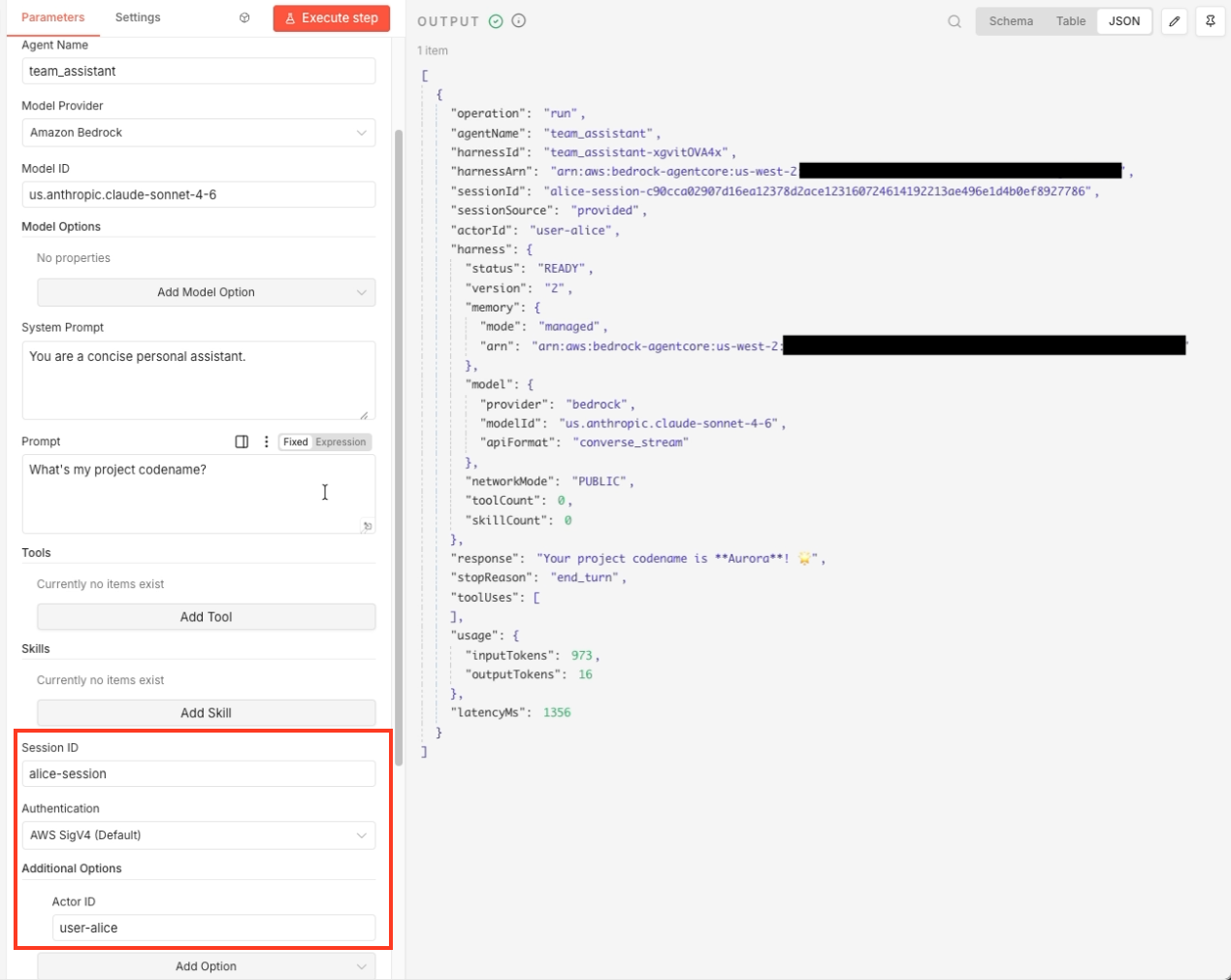 Turn 2 output where the agent returns the stored codename for actor user-alice