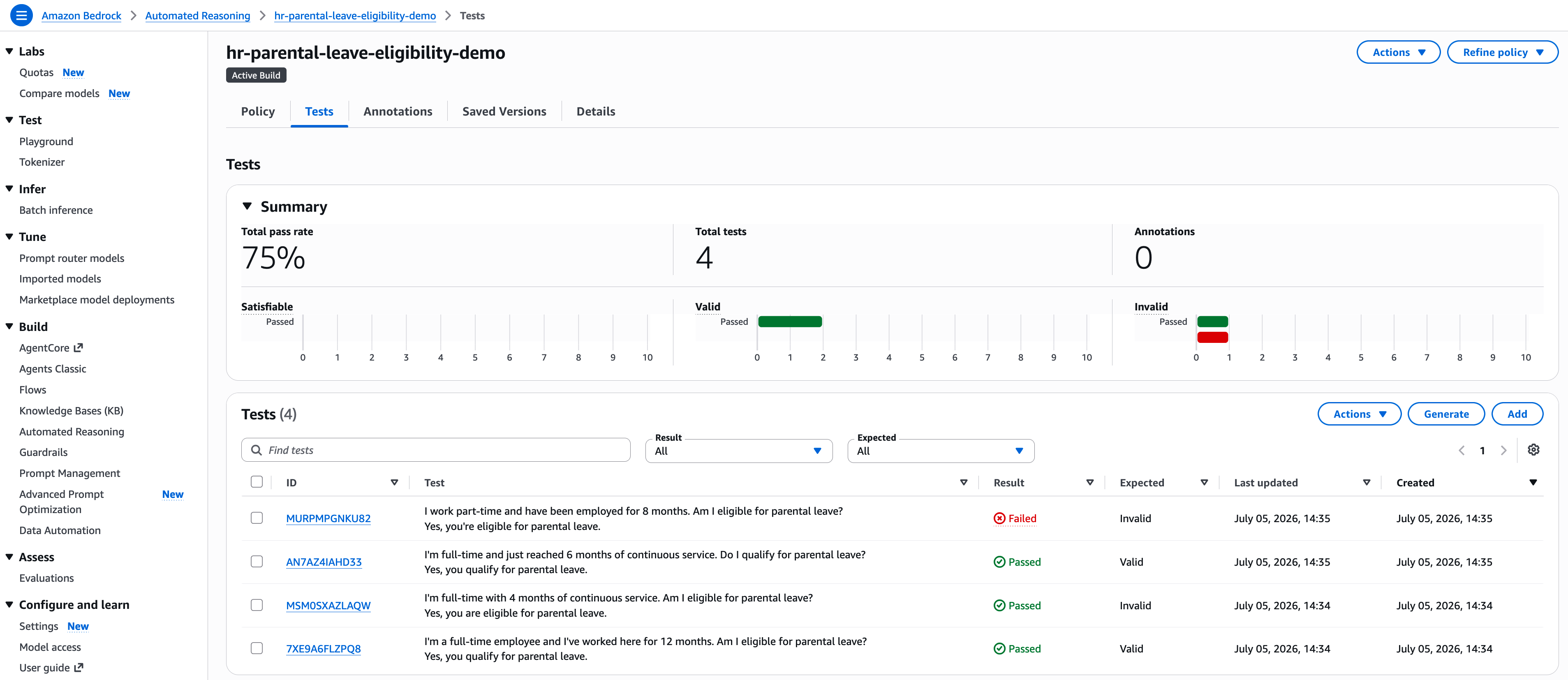 Test results after validation (75% pass rate).