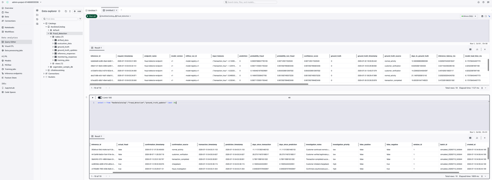 Query results showing inference_responses records with ground truth values alongside the ground_truth_updates table
