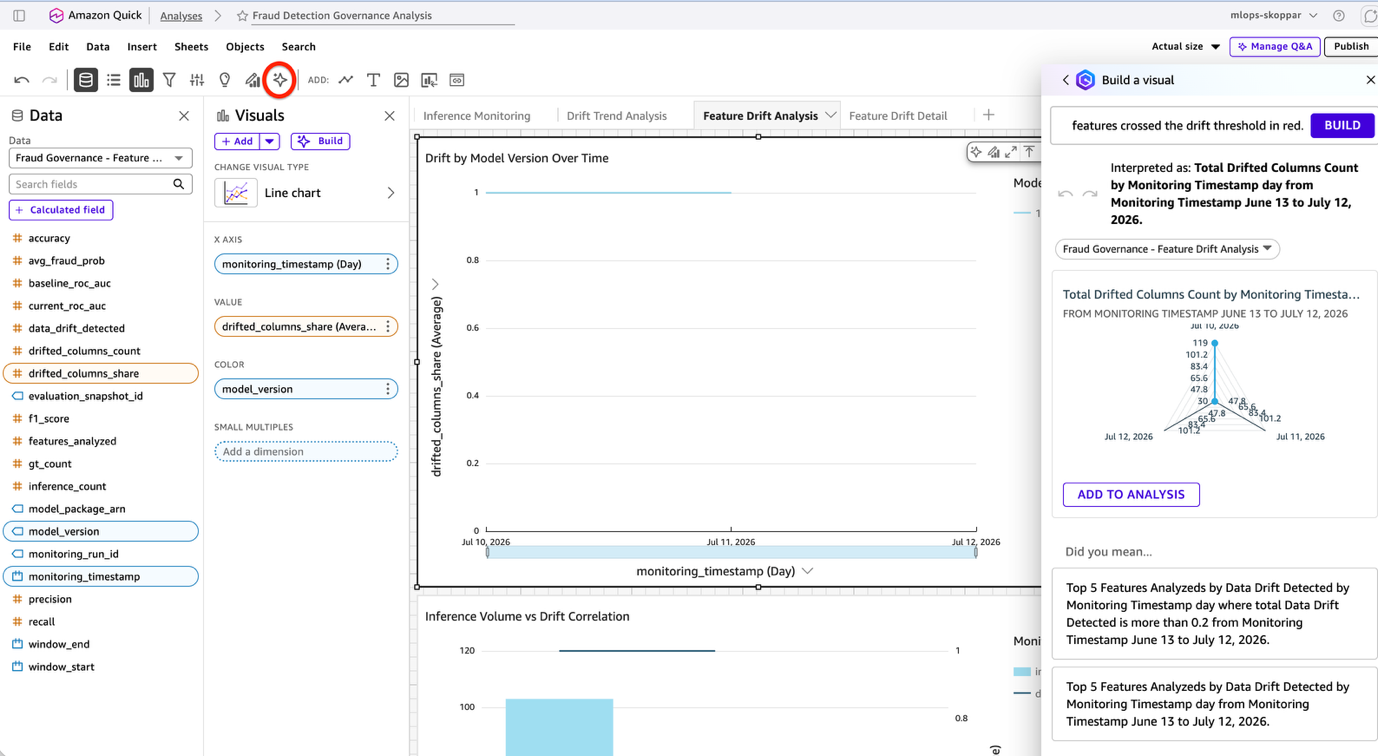 Amazon Quick Build a visual panel interpreting a natural language prompt into a drifted-columns visual on the Feature Drift Analysis sheet