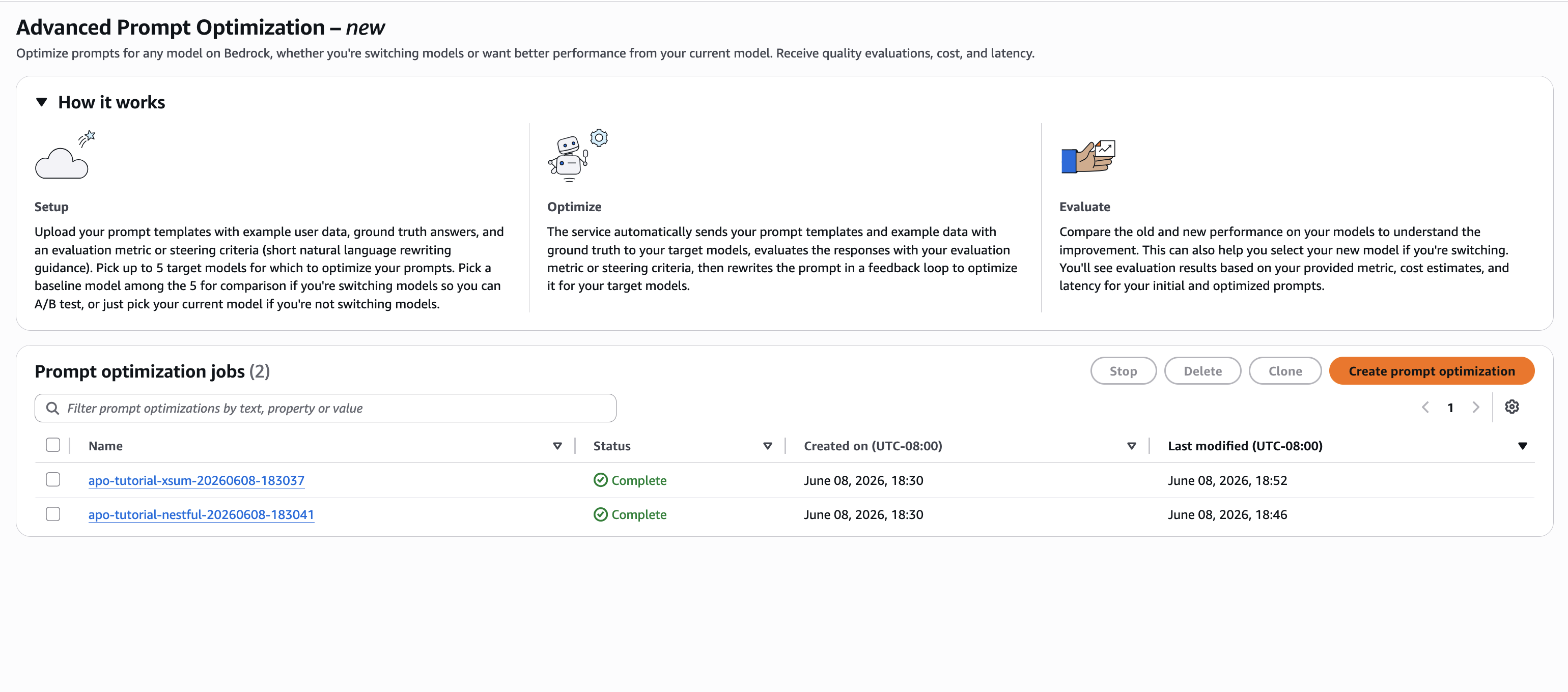 Advanced Prompt Optimization landing page in the Amazon Bedrock console, showing the list of optimization jobs and their status.