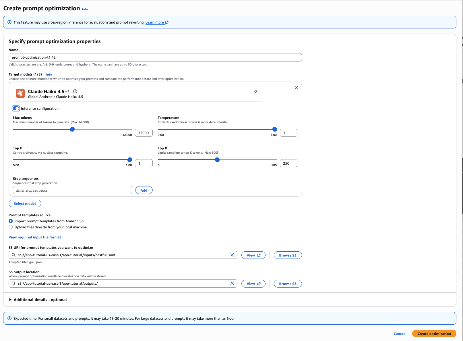 Create prompt optimization page, where you select inference models, upload the input dataset, and set the Amazon S3 output location.