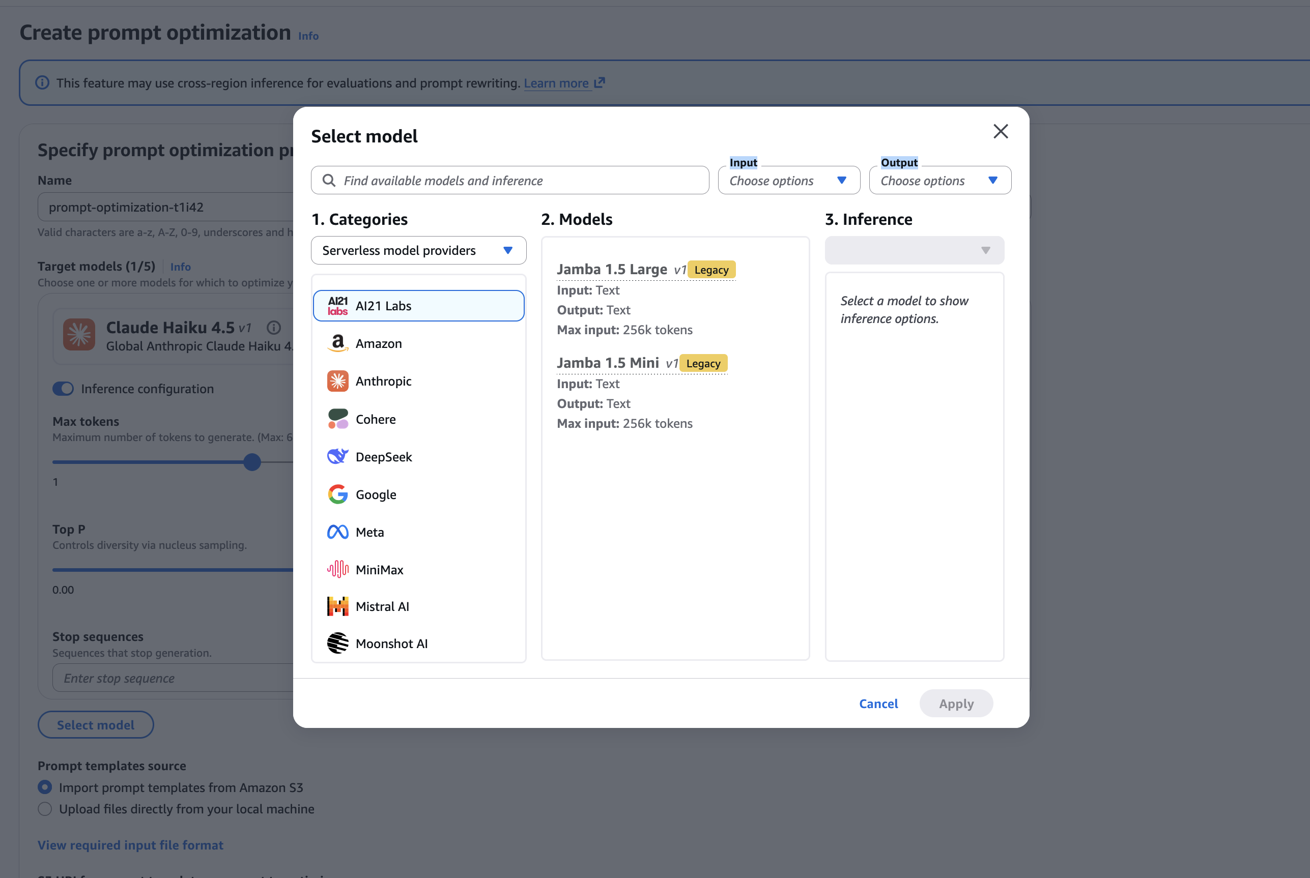 Model selection in the Create prompt optimization page: choose up to 5 target inference models, your current model as a baseline plus the candidates you want to evaluate.