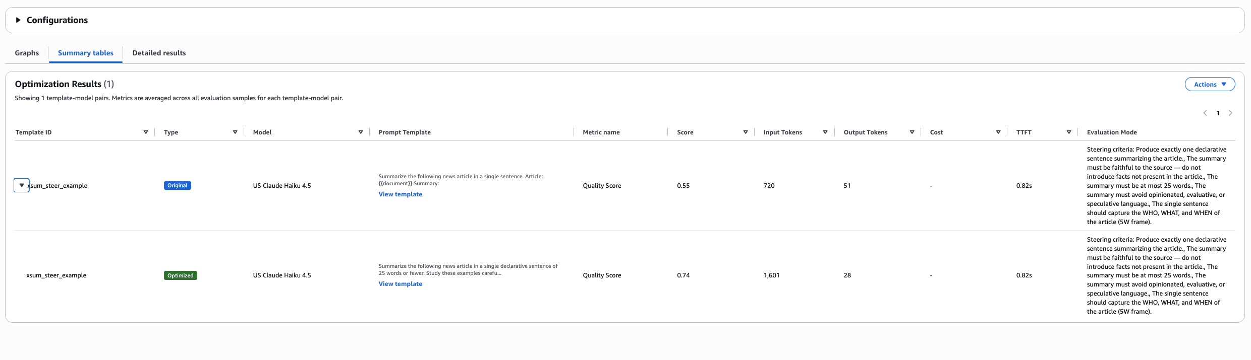 XSum job results summary, showing the before/after Quality Score and latency.