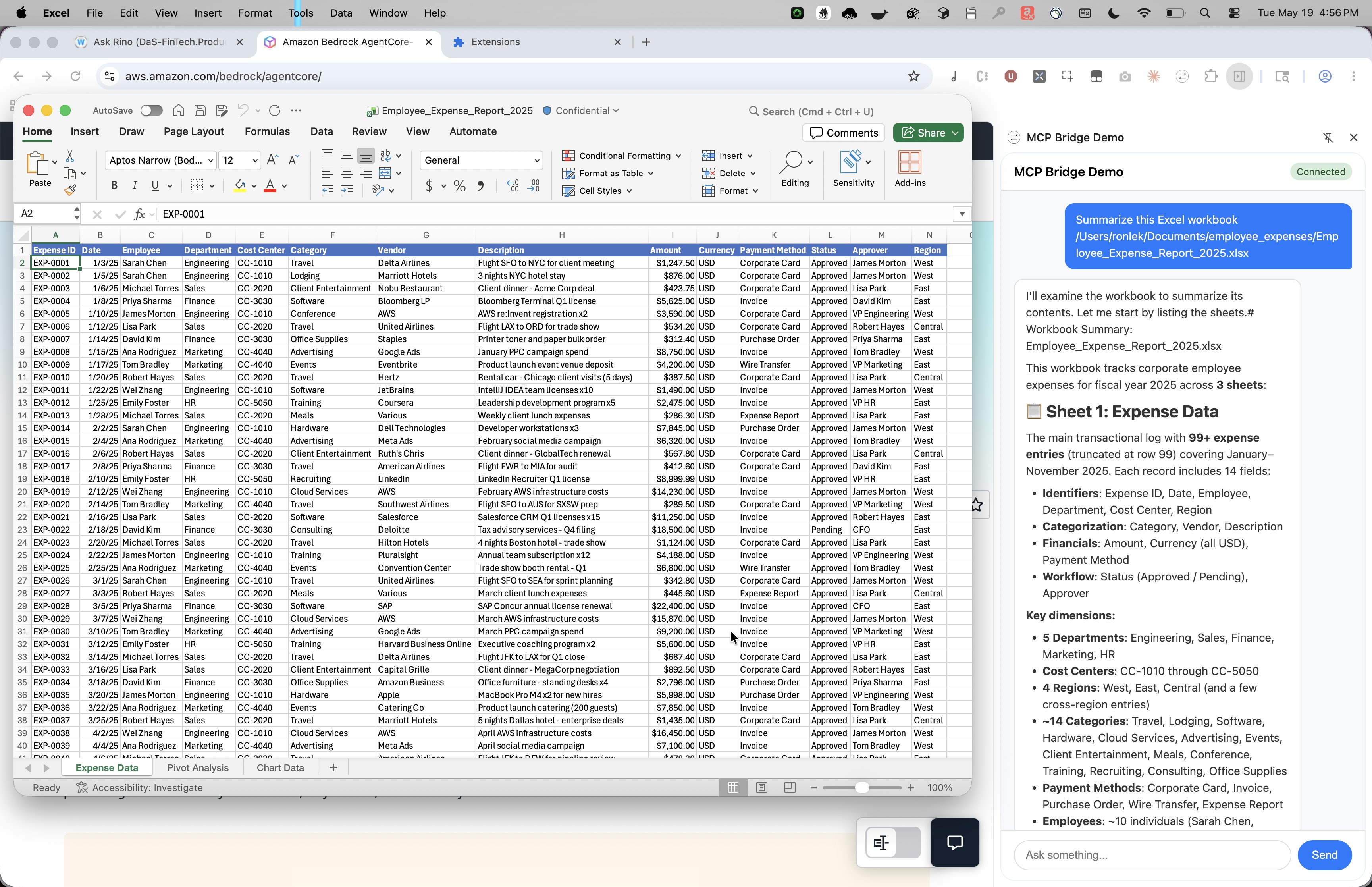 MCP Bridge Demo extension side panel summarizing a local Excel workbook