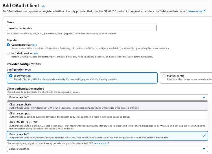 Provider configurations section showing Private key JWT selected as the client authentication method