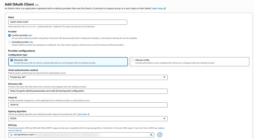 Console fields for discovery URL, client ID, KMS key ARN, and signing algorithm selection