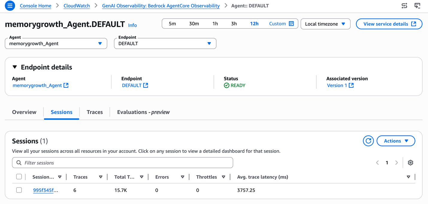 Session details showing 6 traces and 15.7K tokens, with token usage rising each invocation
