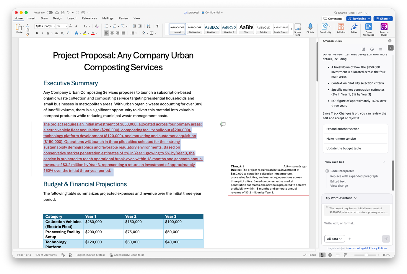 Amazon Quick side panel in Word showing a before-and-after visual comparison of agent-suggested edits