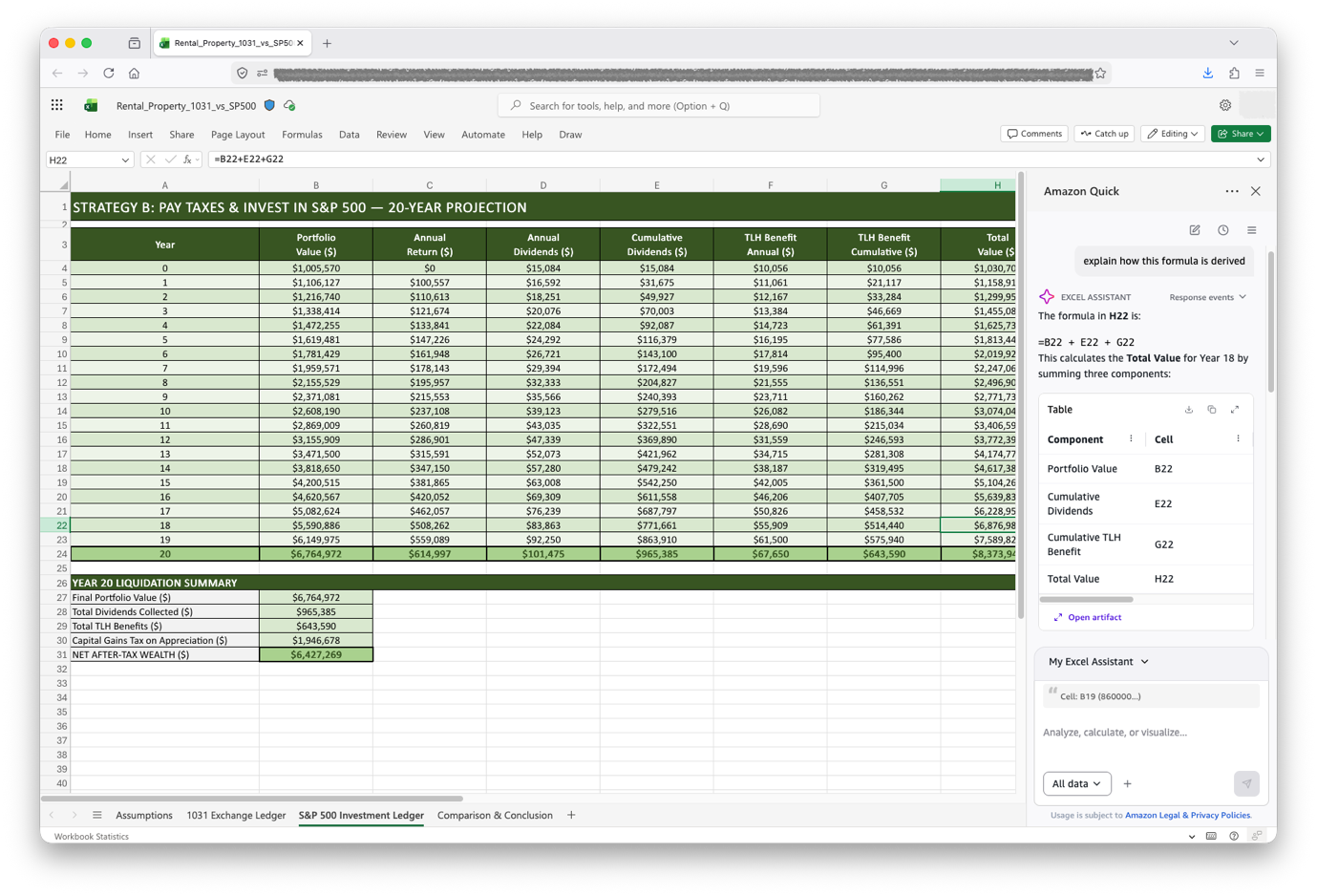 Amazon Quick side panel in Excel explaining a selected cell’s formula with highlighted references across worksheets