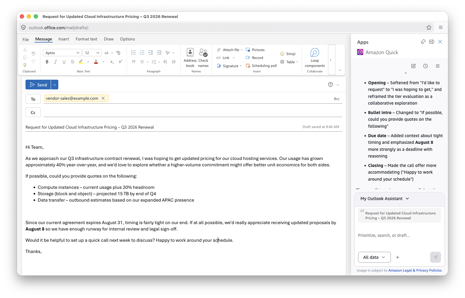 Amazon Quick drafting a contextual email reply in Outlook using customer data and thread history