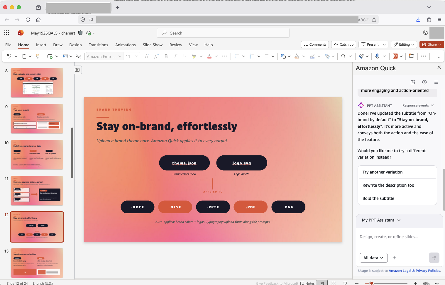 Amazon Quick PowerPoint extension generating branded slides with a suggested Quick Action button