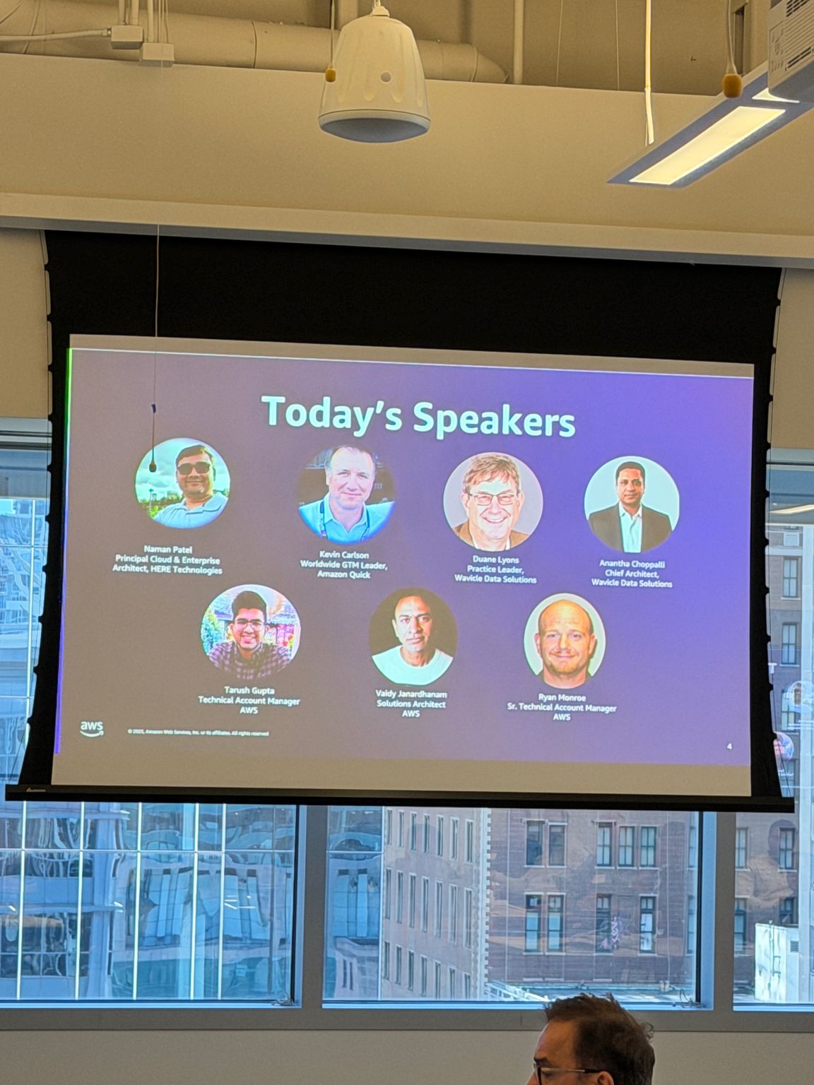 Today’s Speakers slide showing the seven meetup speakers and their job titles