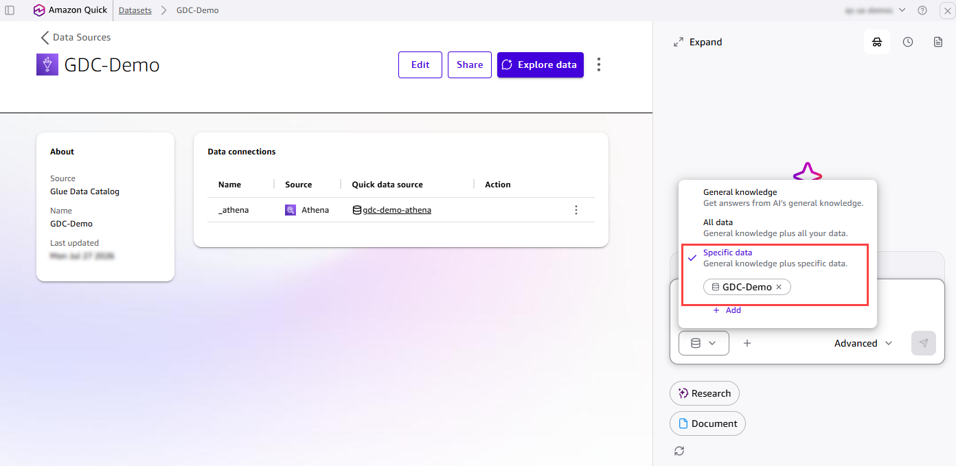 Quick Agent panel scoped to the GDC-Demo Glue Data Catalog data source in Specific data mode