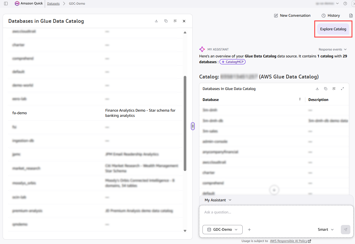 Quick Agent summarizing the catalogs and databases available in the Glue Data Catalog