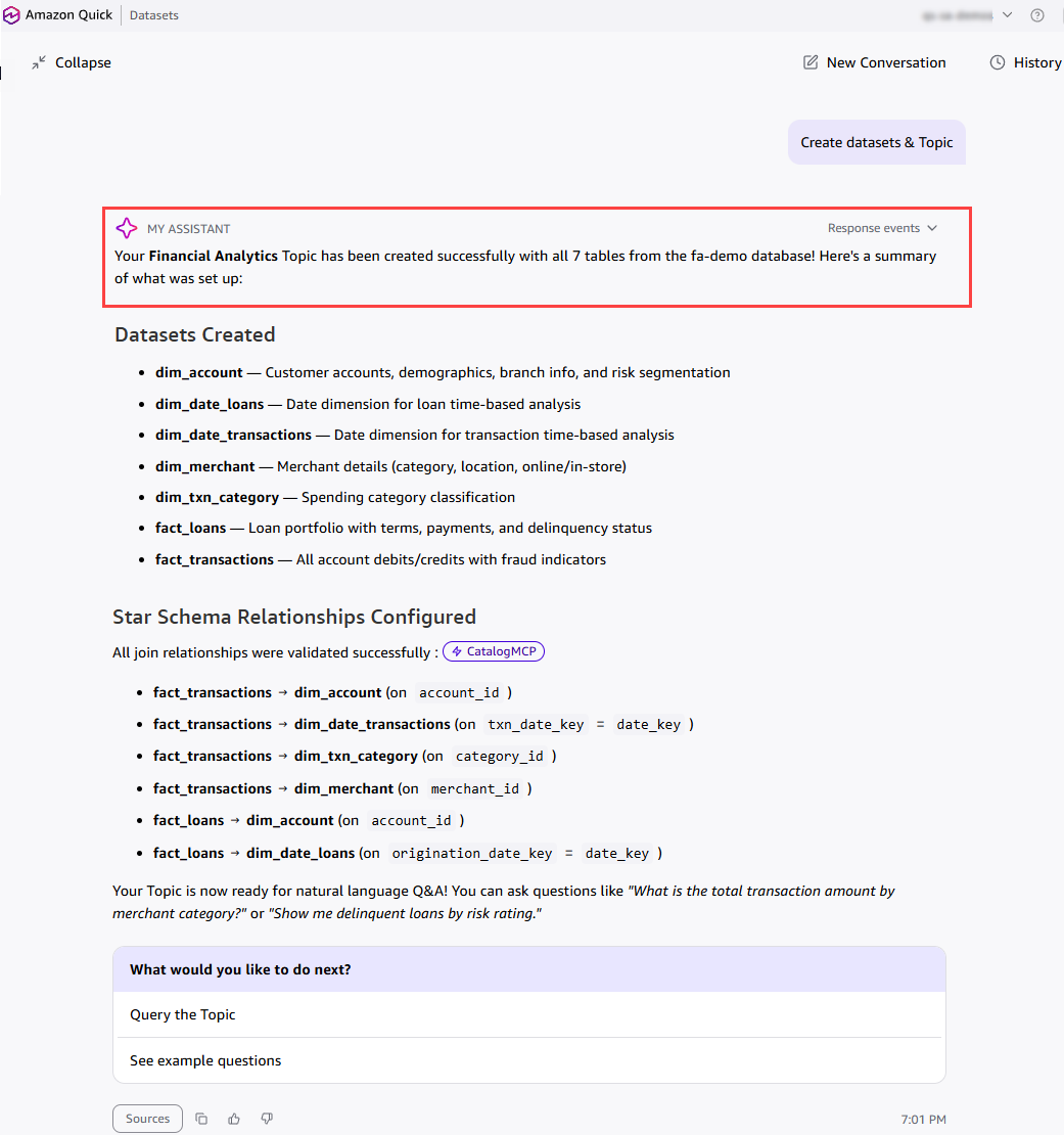Quick Agent showing the Financial Analytics Topic with seven Datasets and six preconfigured joins
