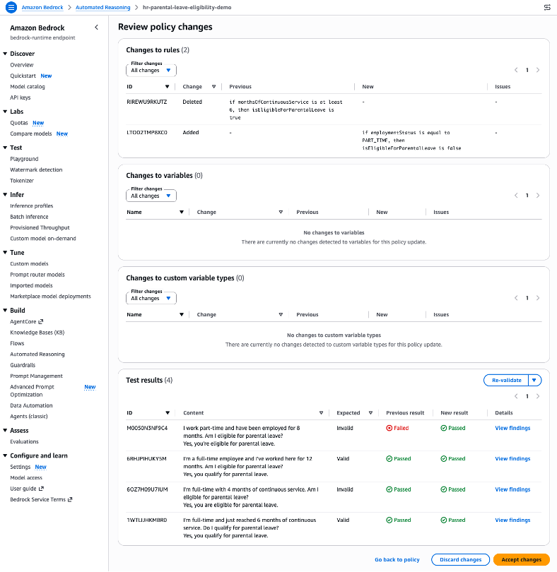 Figure 5: The Review policy changes screen. Changes to rules lists the deleted tenure-only eligibility rule and the added part-time exclusion, and Test results shows the part-time test moving from Failed to Passed with no regressions.
