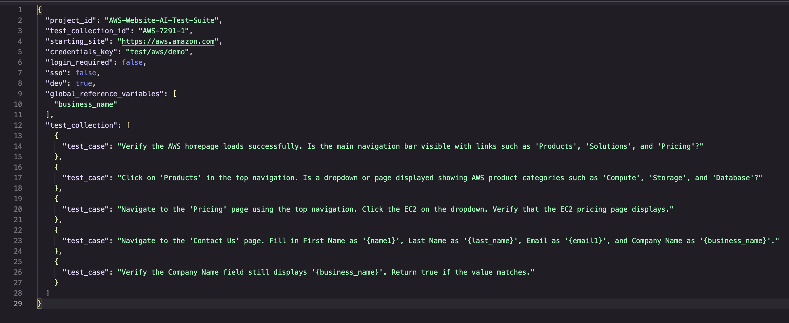 Test Case Authoring UI showing a plain-English test case in the React frontend