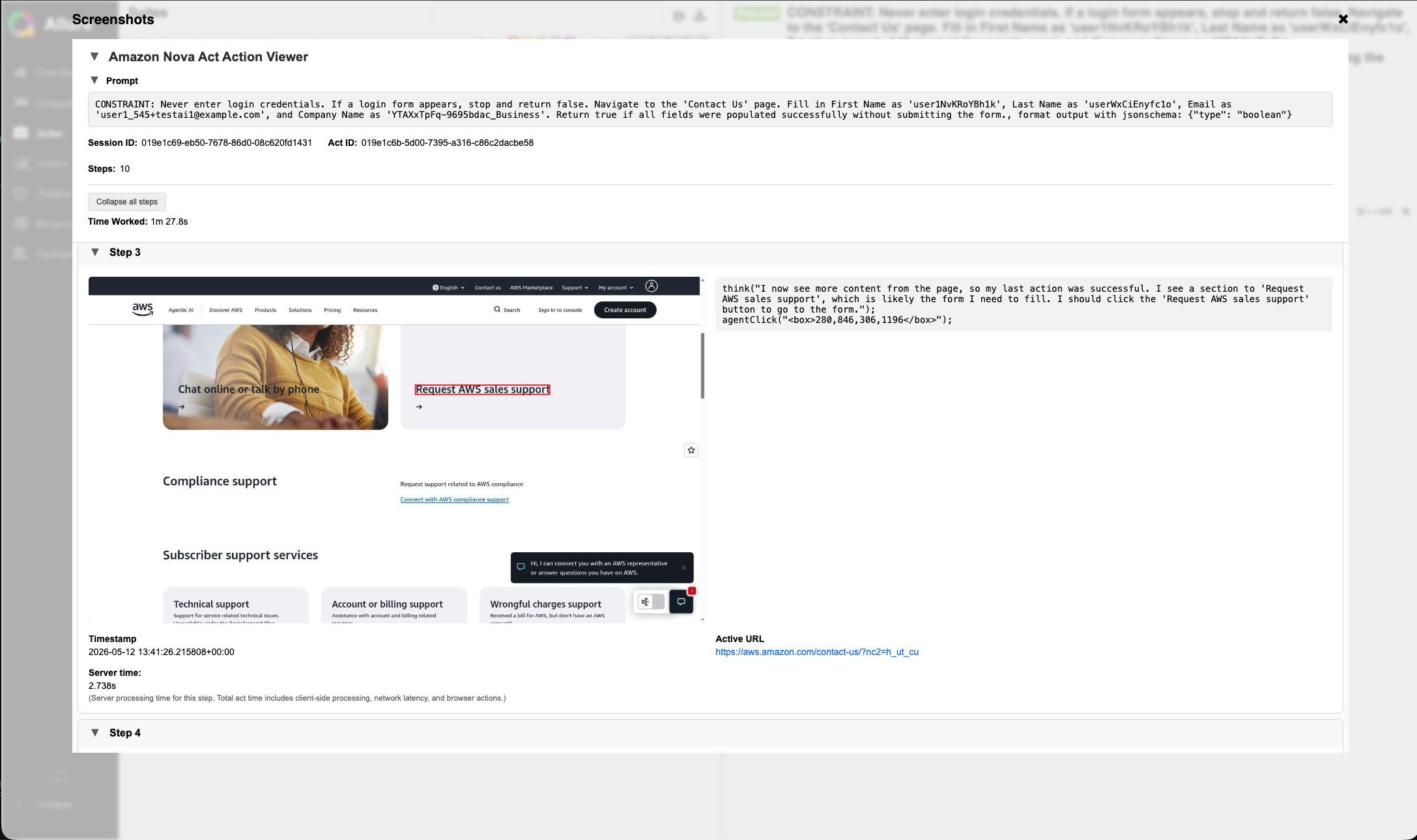 Allure dashboard showing test pass and fail status, execution timelines, and links to session recordings