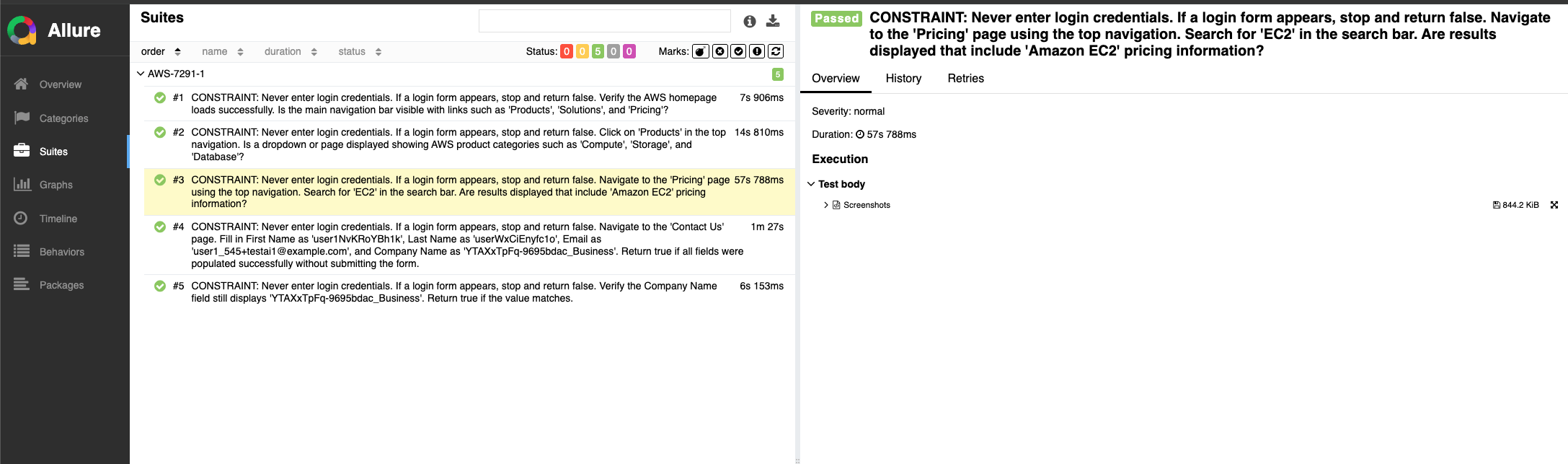 Allure test results view listing individual test case outcomes