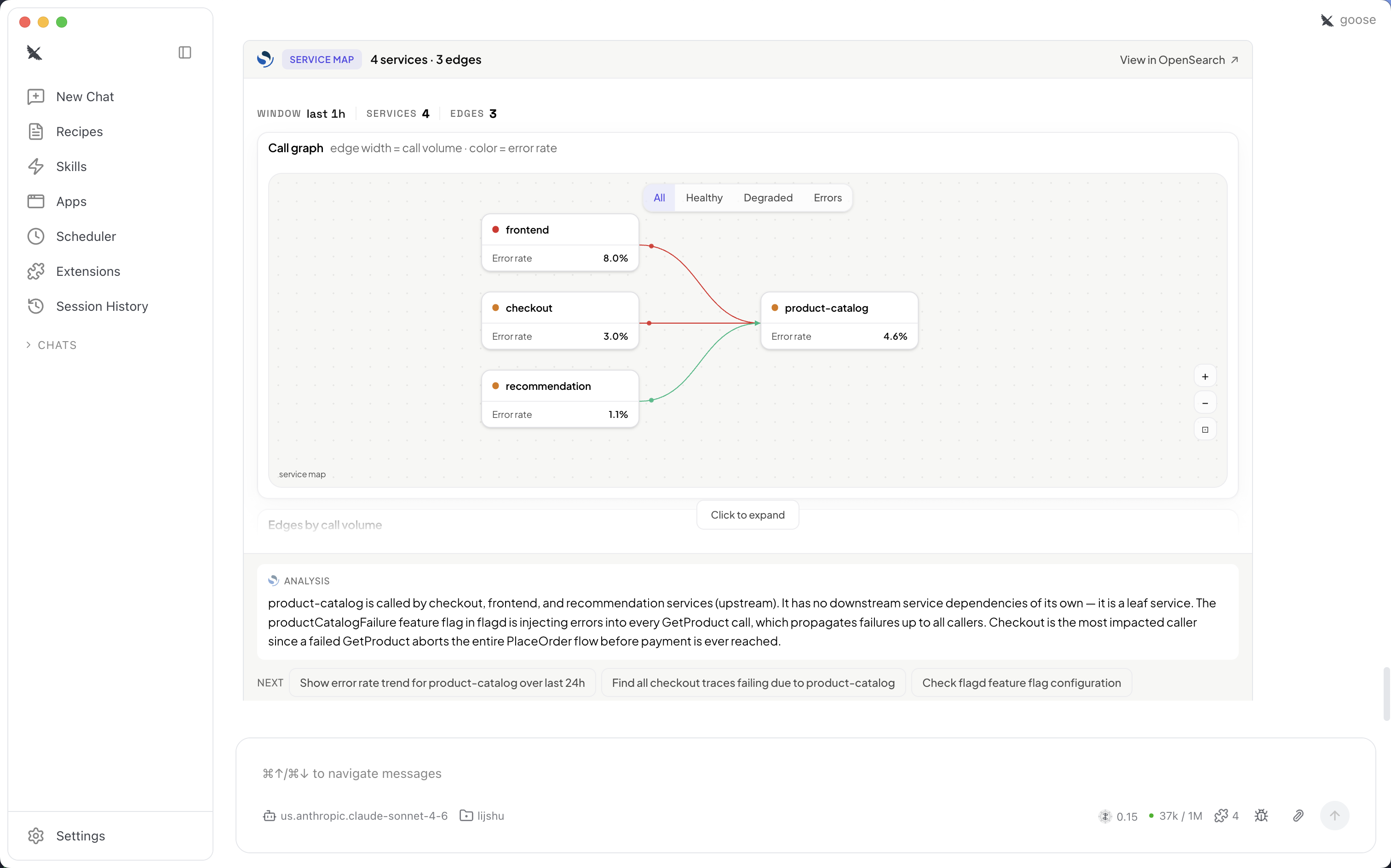 MCP App service map showing a call graph with per-service error rates and dependency edges.