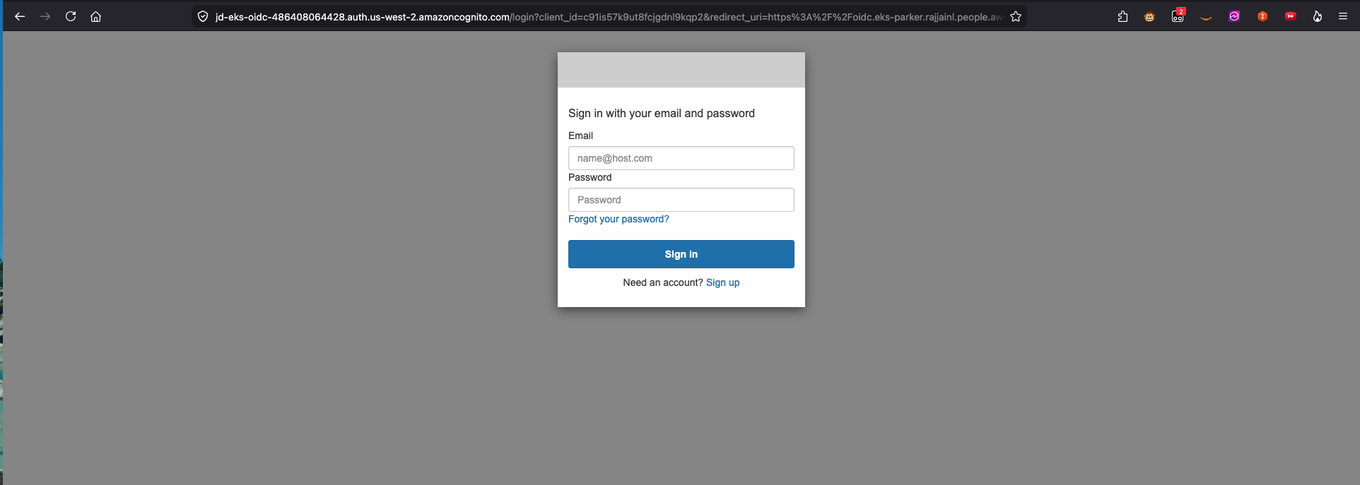 Amazon Cognito managed login page for signing in to the workspace console