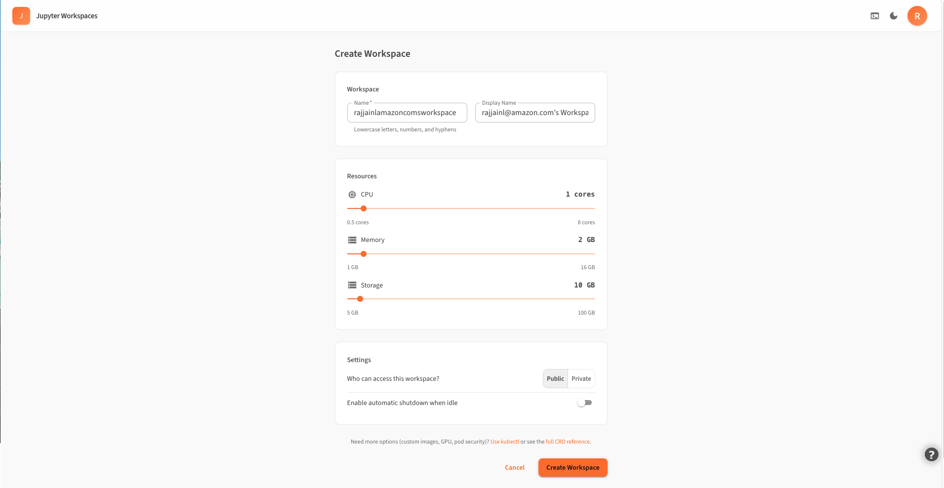JupyterLab launched and authorized as the signed-in Amazon Cognito user