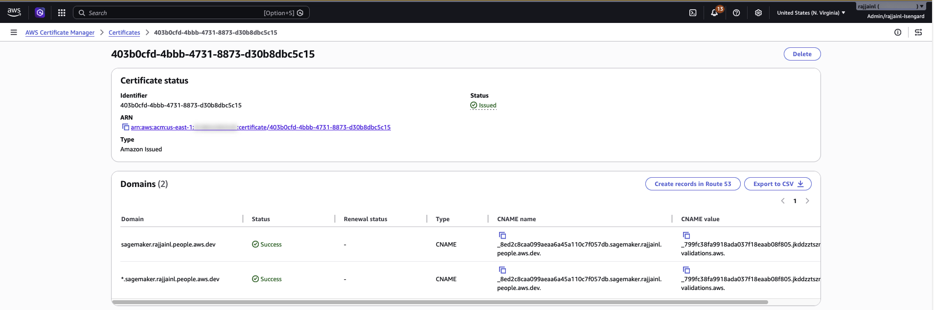 ACM console showing an issued certificate for the domain and its wildcard subdomain