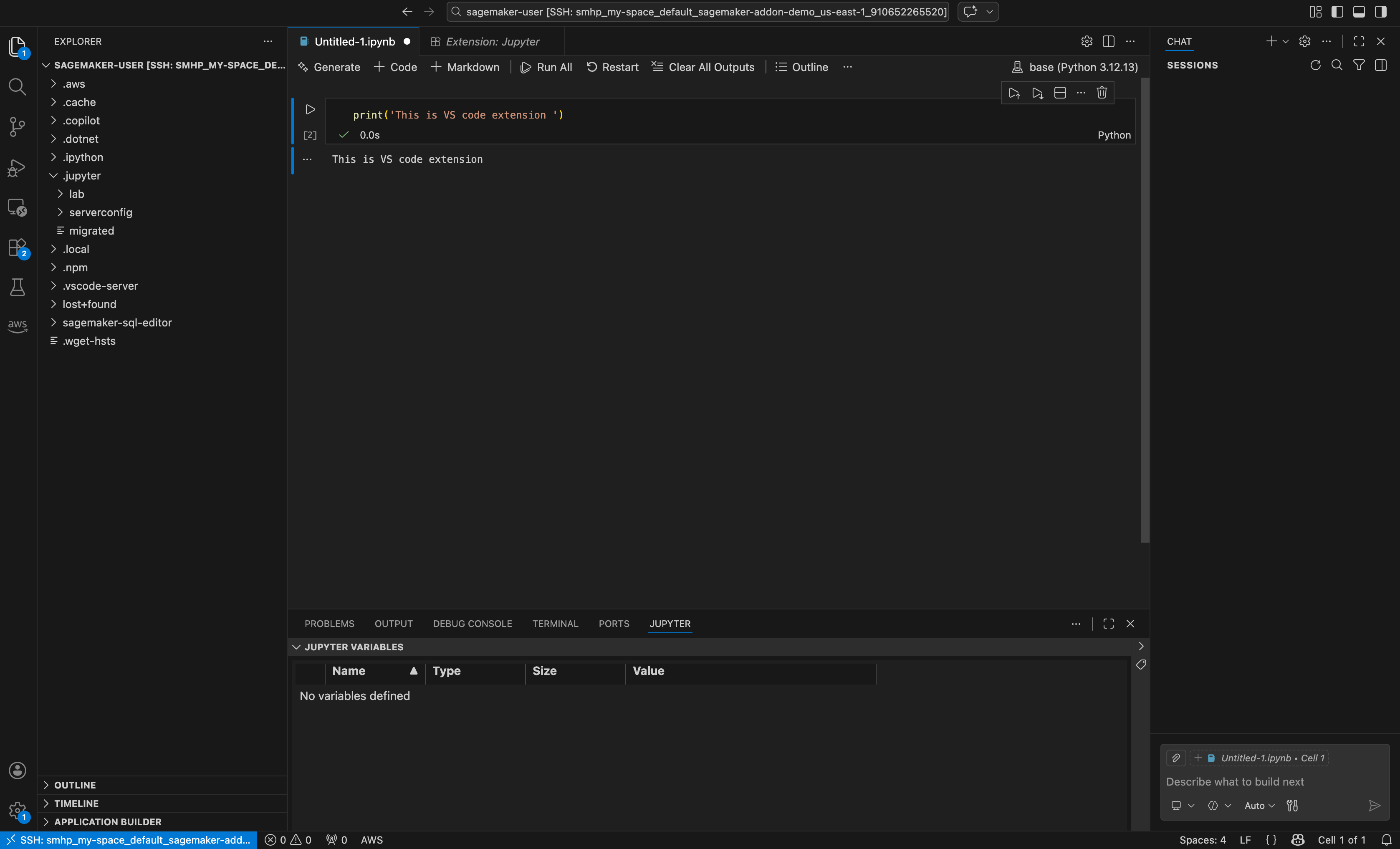 VS Code connected to the remote Space filesystem over an SSM tunnel
