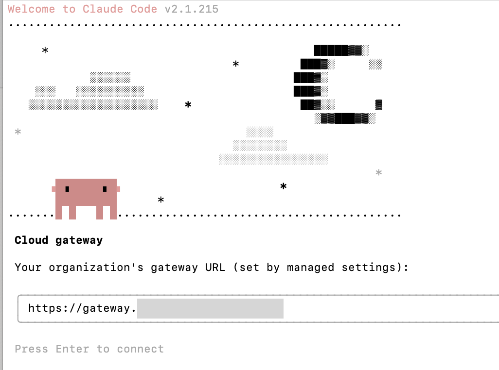 Claude Code terminal prompting the developer to authenticate through the gateway