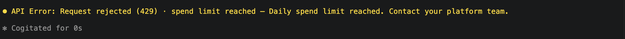 Claude Code showing a 429 error after the user reaches their daily spend limit
