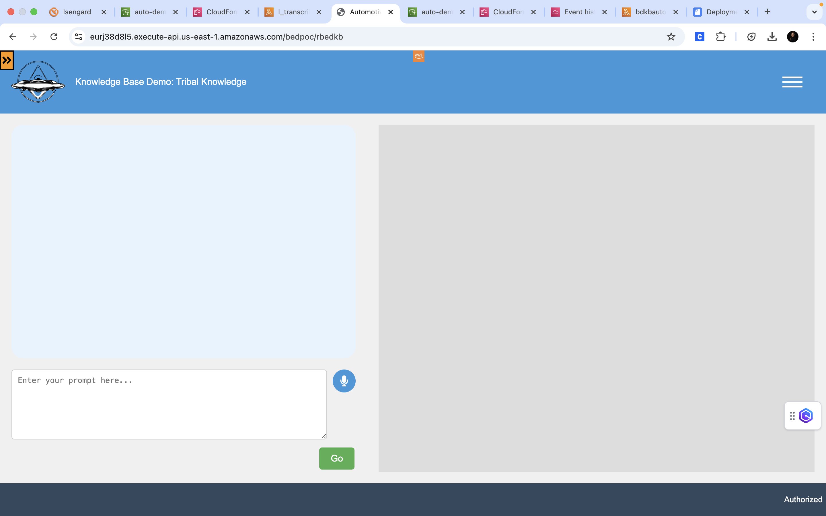 The Knowledge Base Demo interface loaded in the browser after sign-in.