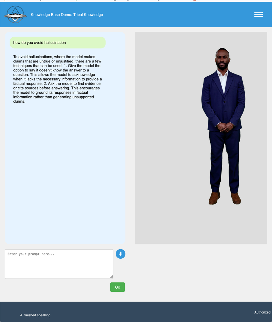 The Knowledge Base Demo answering a question about avoiding hallucinations through the on-screen avatar.