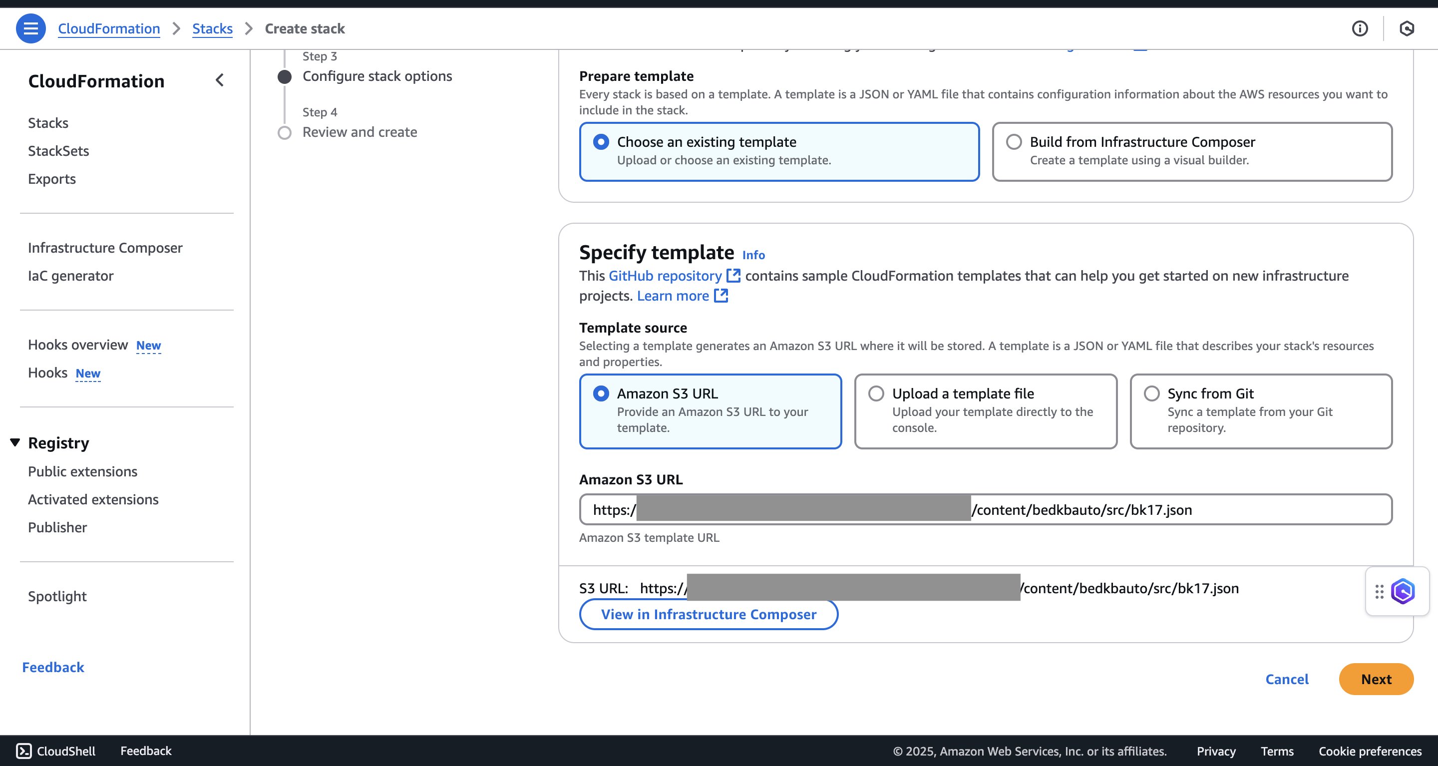 CloudFormation Create stack page with Amazon S3 URL selected and the template URL entered.