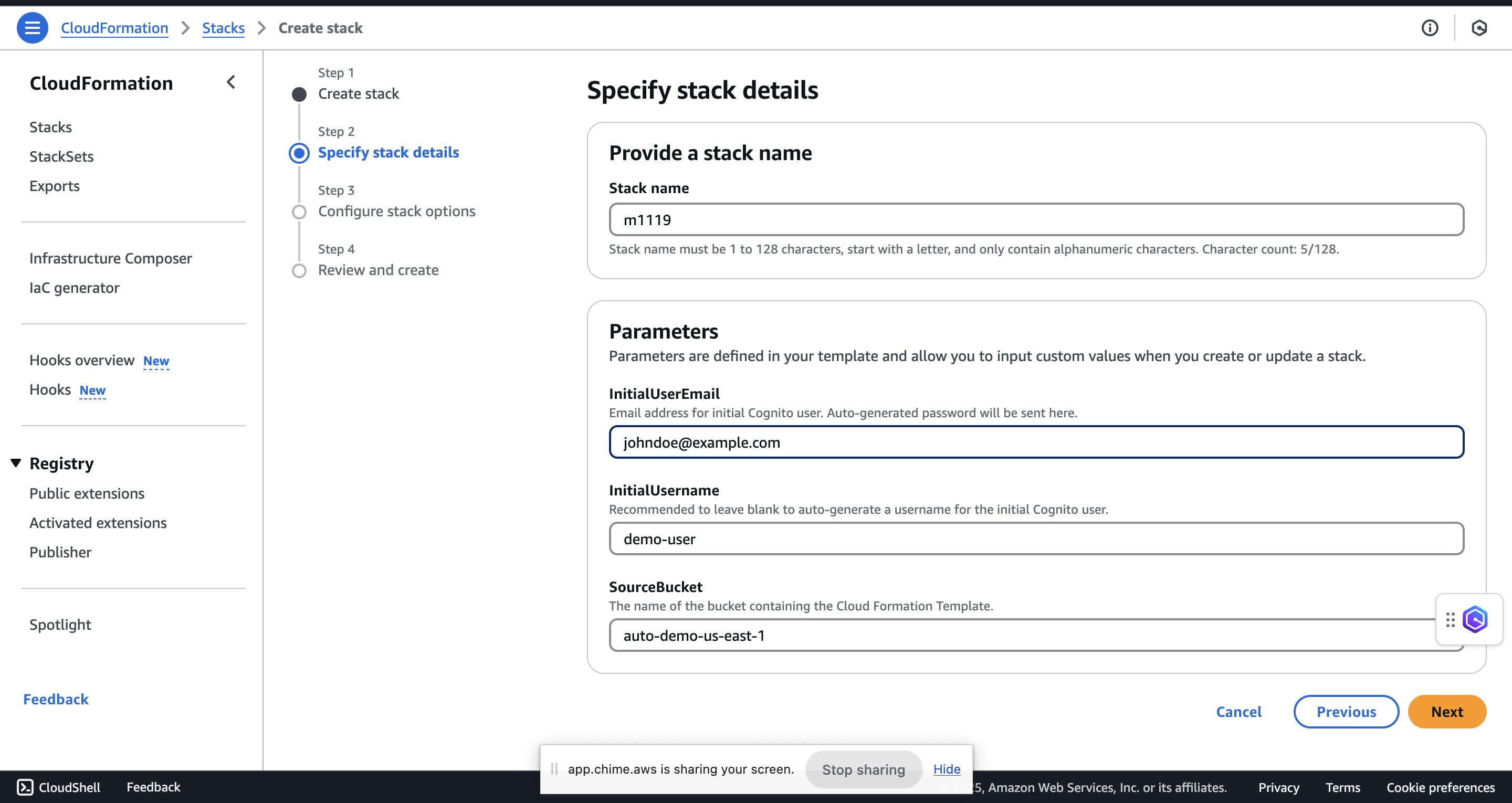 CloudFormation parameters page showing fields for stack name, email address, username, and S3 bucket name.
