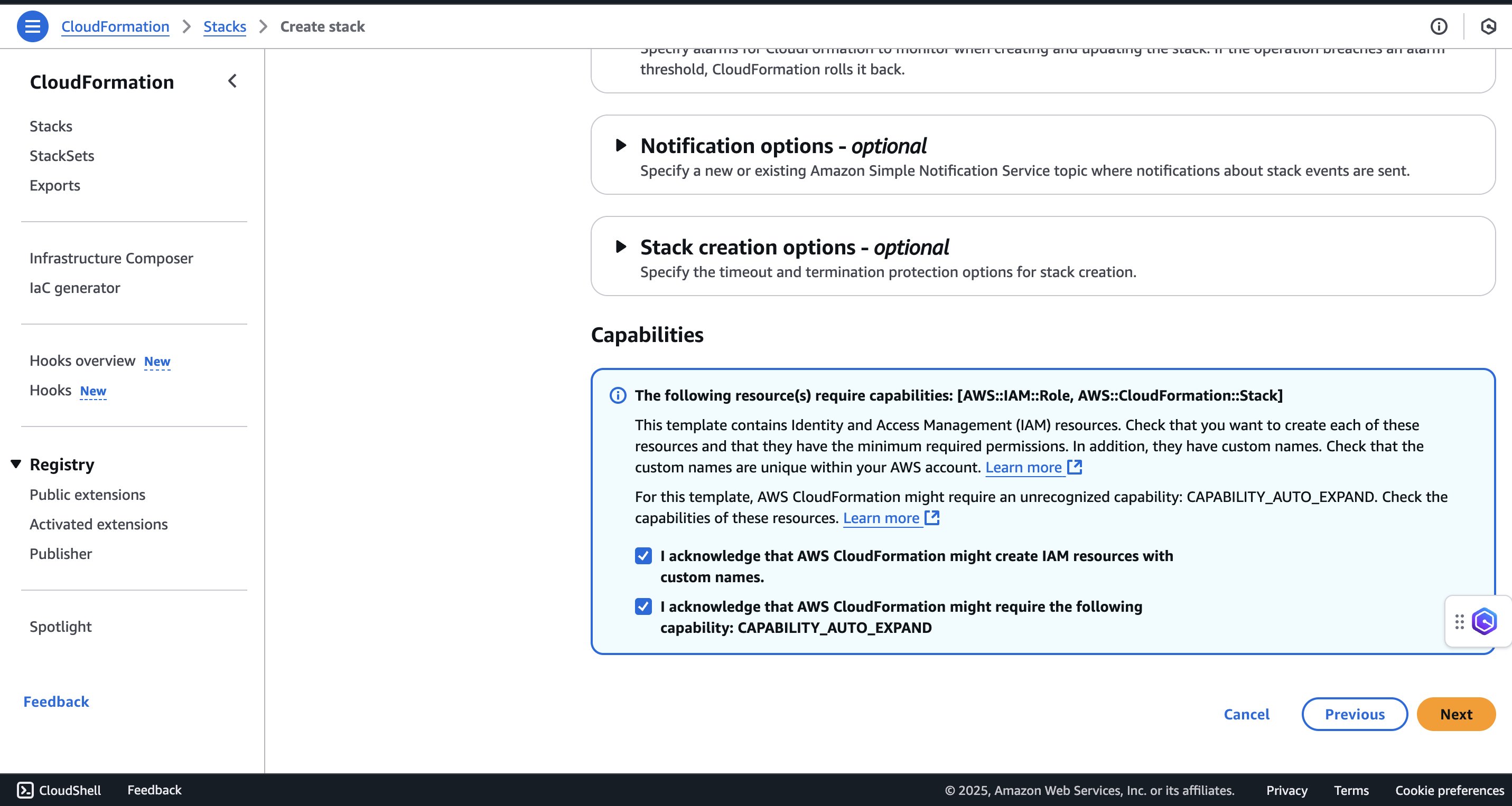 CloudFormation acknowledgment check boxes for creating IAM resources and the CAPABILITY_AUTO_EXPAND capability.
