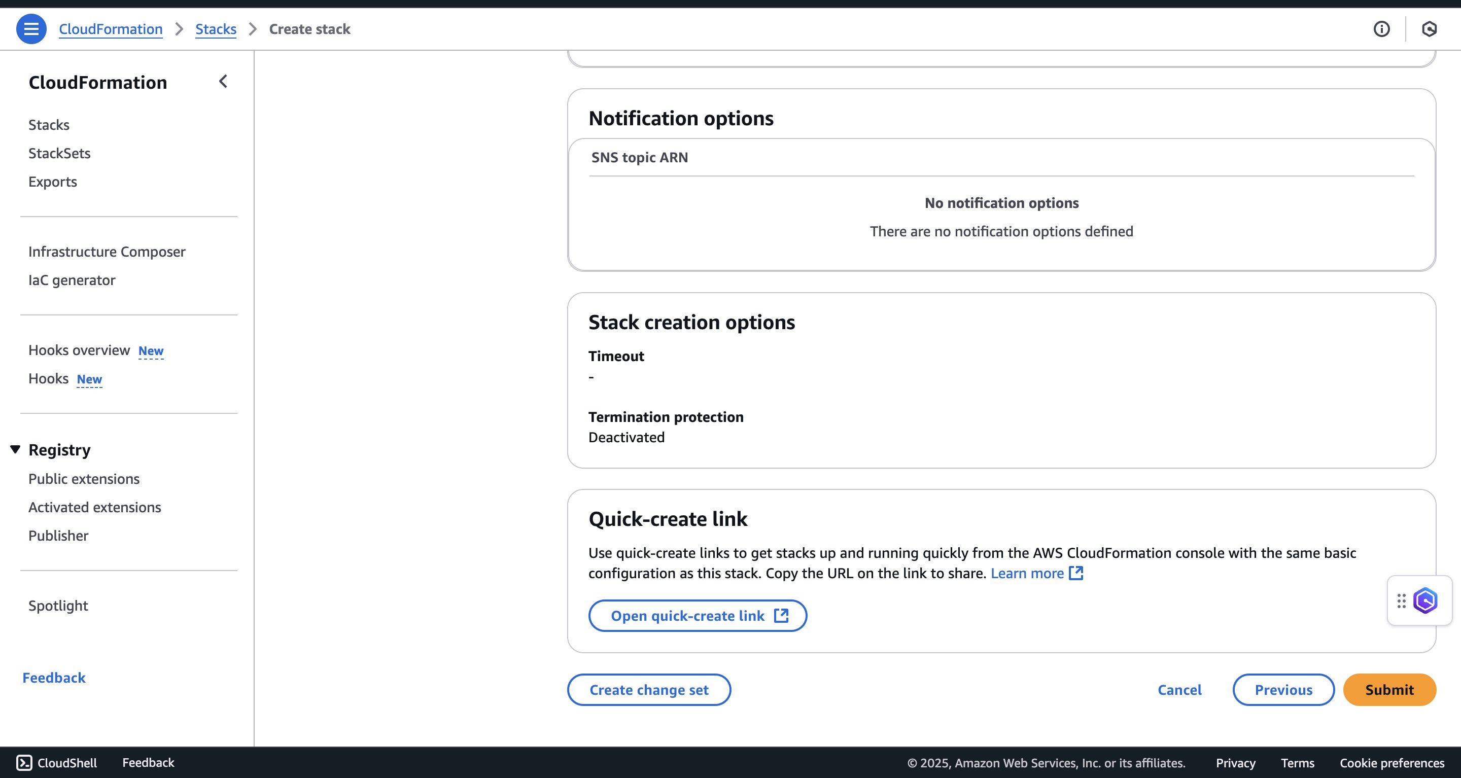 CloudFormation review page with the Submit button to create the stack.