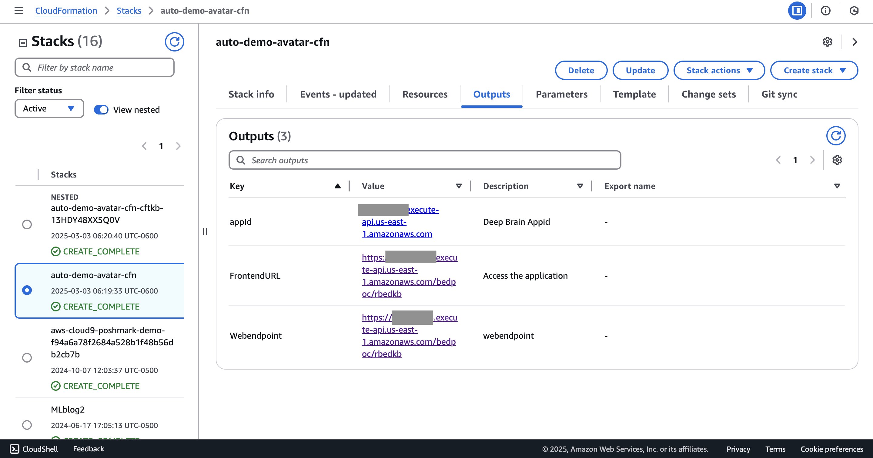 CloudFormation Outputs tab listing the FrontendURL for the deployed application.