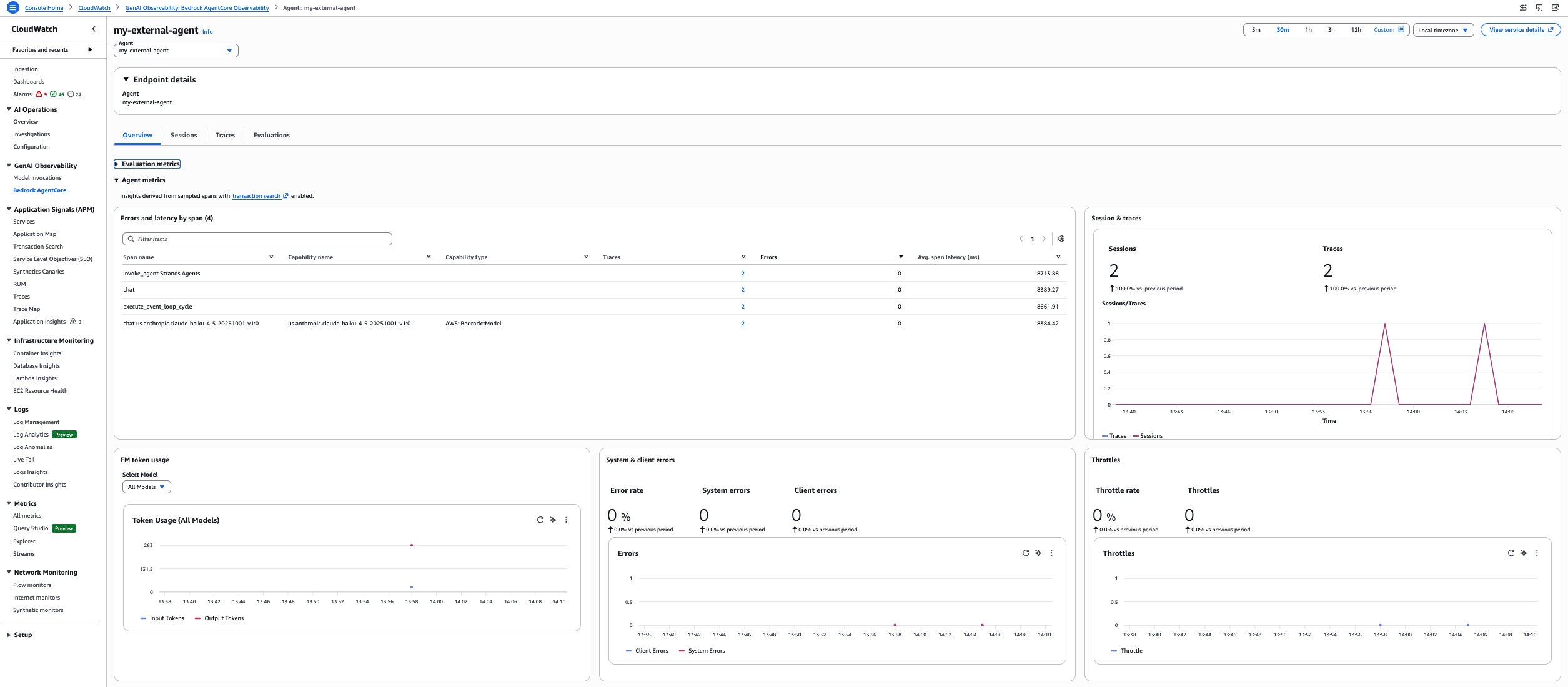 AgentCore Observability dashboard in CloudWatch showing the my-external-agent with its sessions and traces