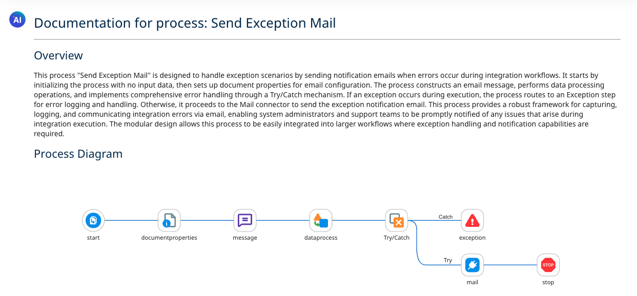 Boomi Scribe generated documentation showing process overview and visual flow diagram