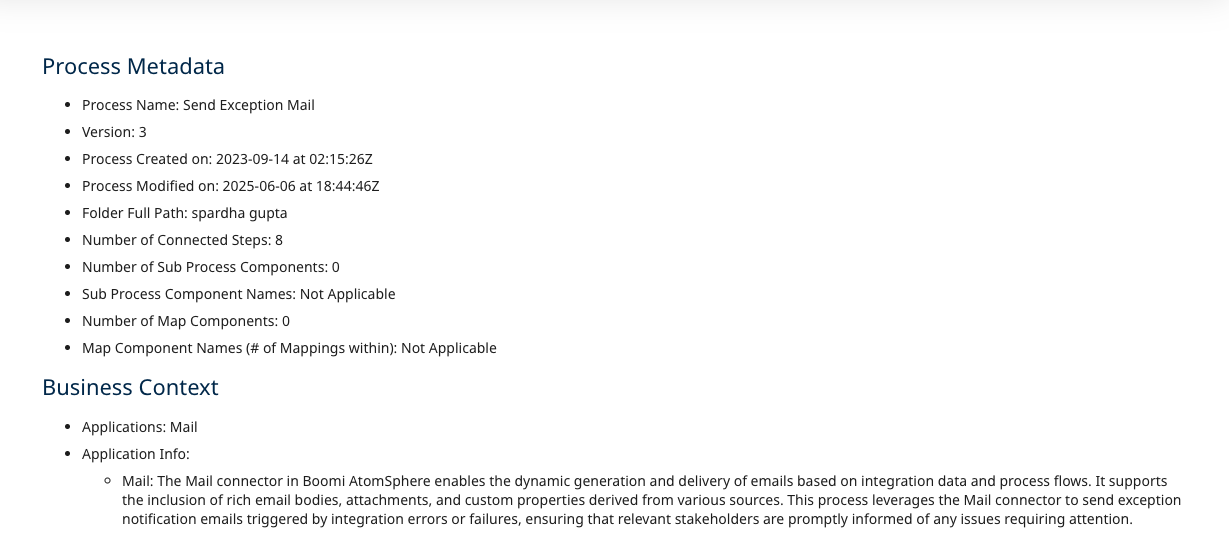 Boomi Scribe output showing process metadata including version, dates, step count, and business context