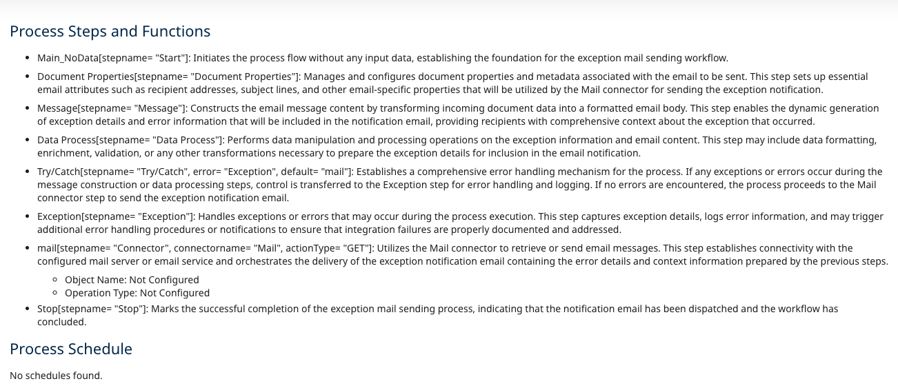 Boomi Scribe output listing each process step with AI-generated functional descriptions