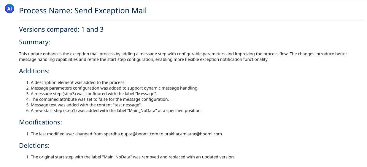 Boomi Scribe version comparison showing summarized additions, modifications, and deletions between versions 1 and 3