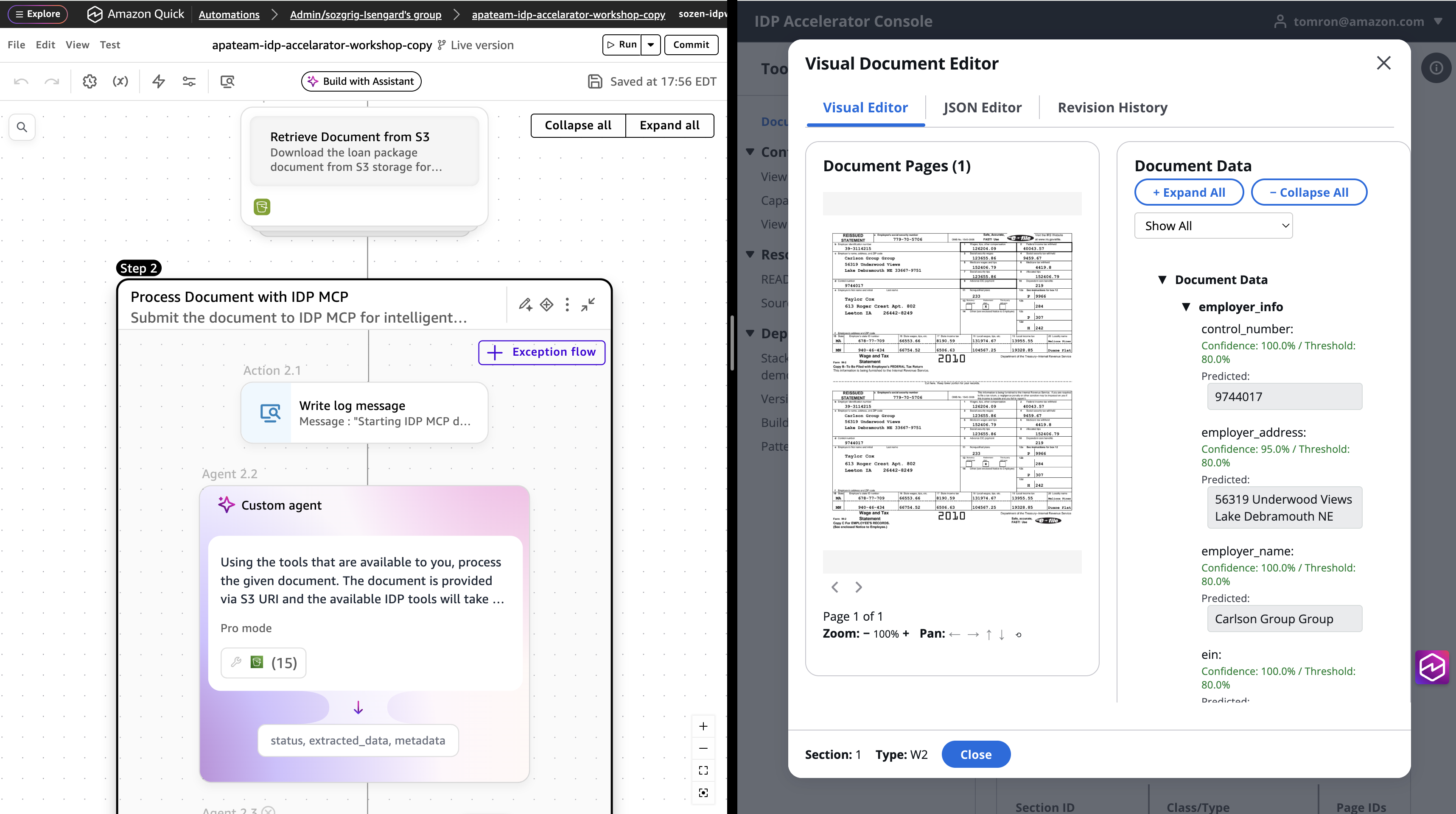 Quick Automate workflow builder beside the IDP Accelerator console showing extracted W-2 employer fields with confidence scores