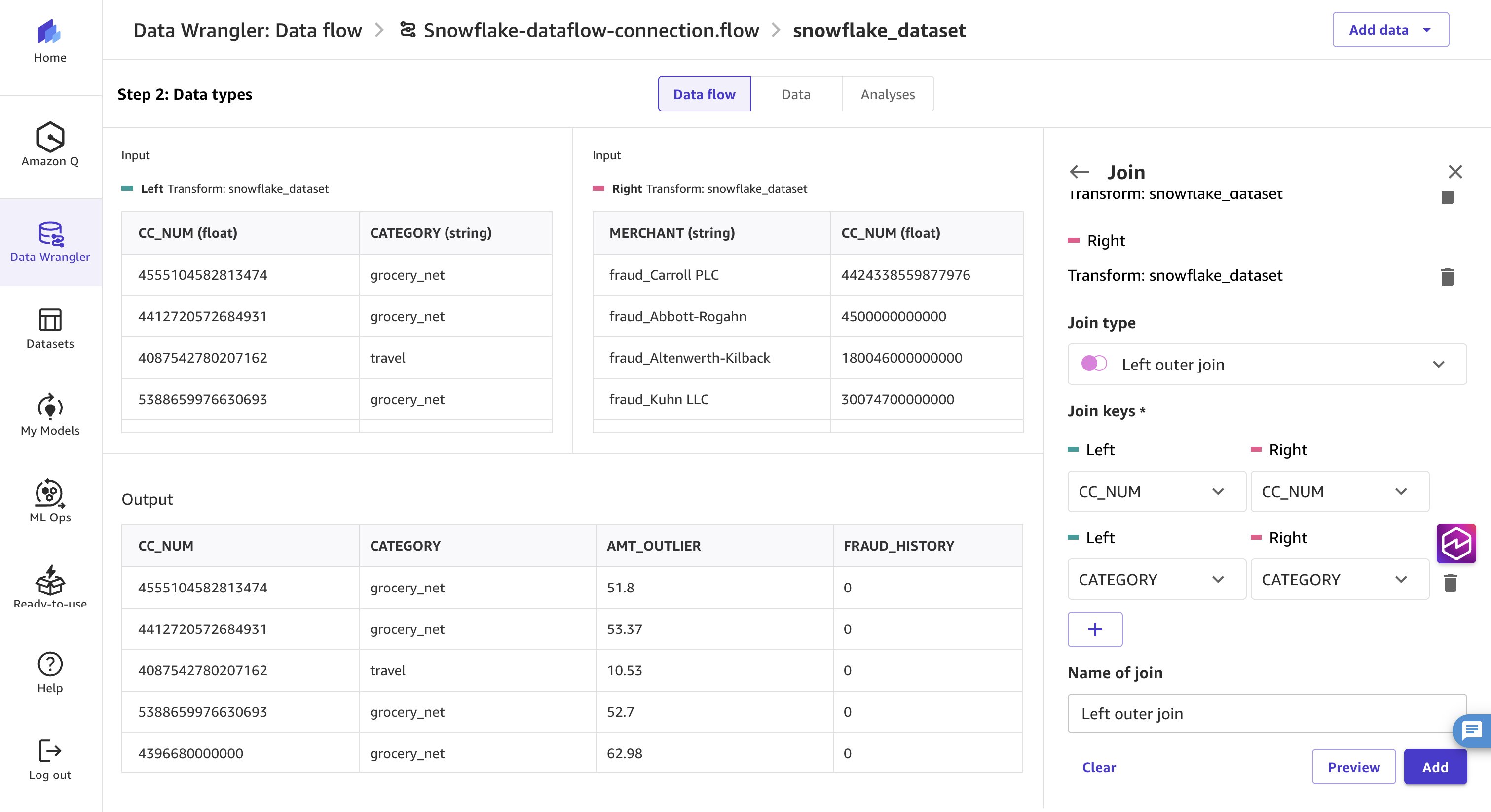 Preview of the joined dataset before adding it to the data flow