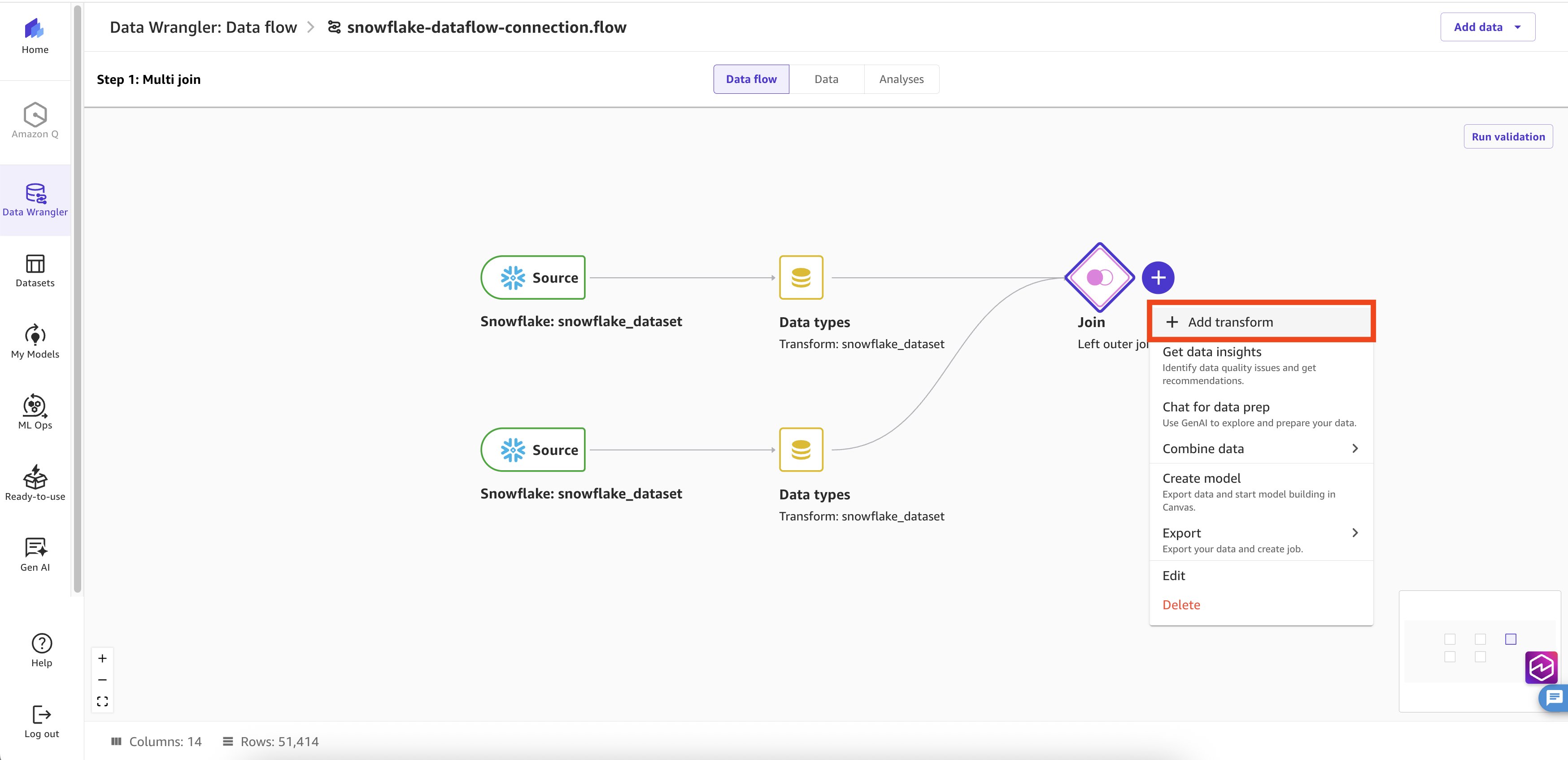 Adding a transform to the join node in the data flow