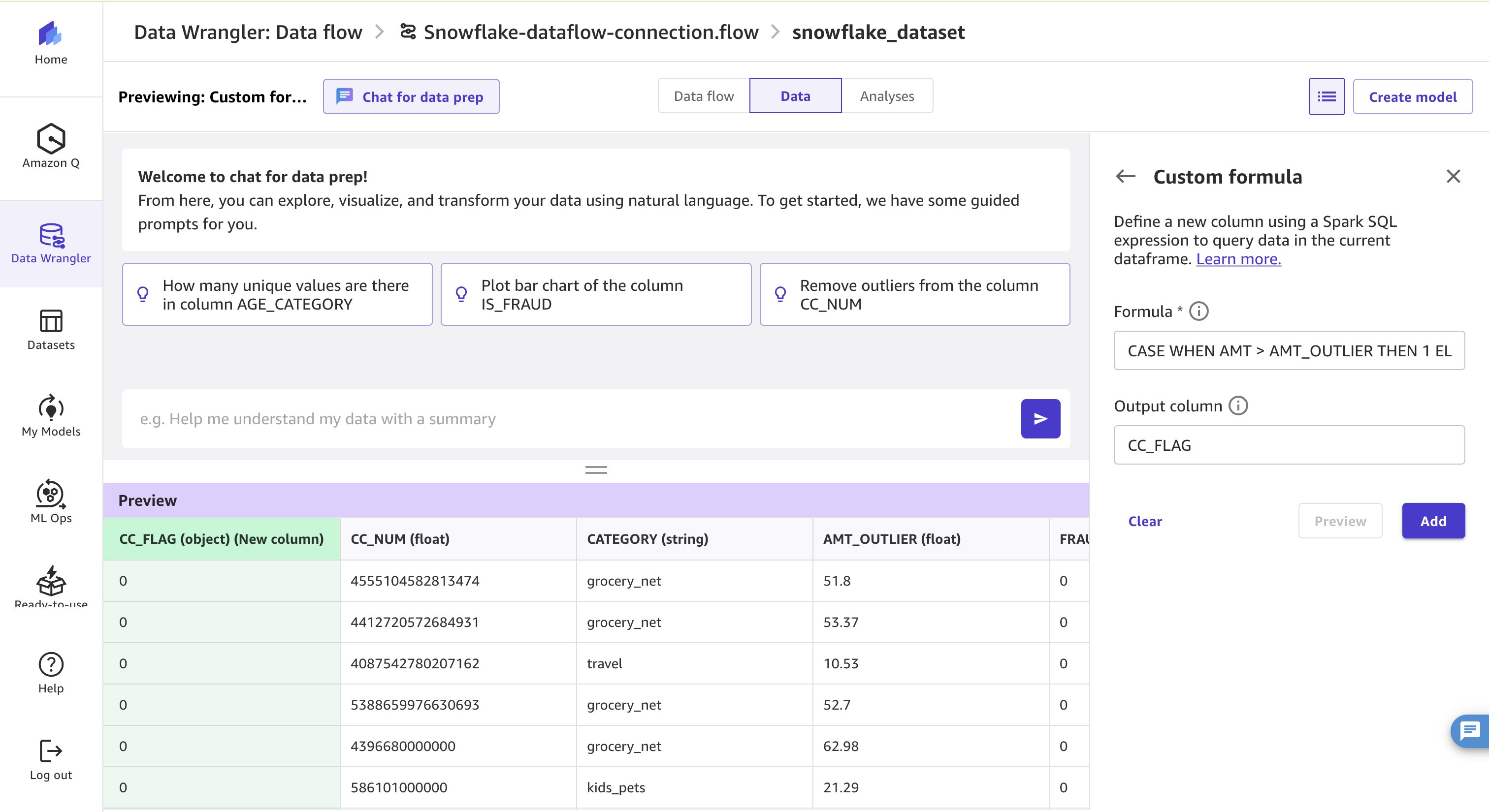 Custom formula creating the CC_FLAG column from the card outlier threshold