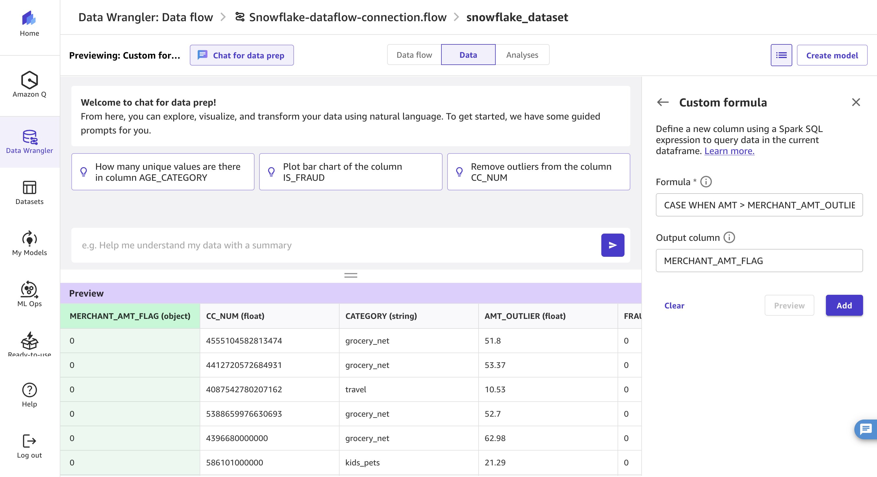 Custom formula creating the MERCHANT_AMT_FLAG column from the merchant outlier threshold