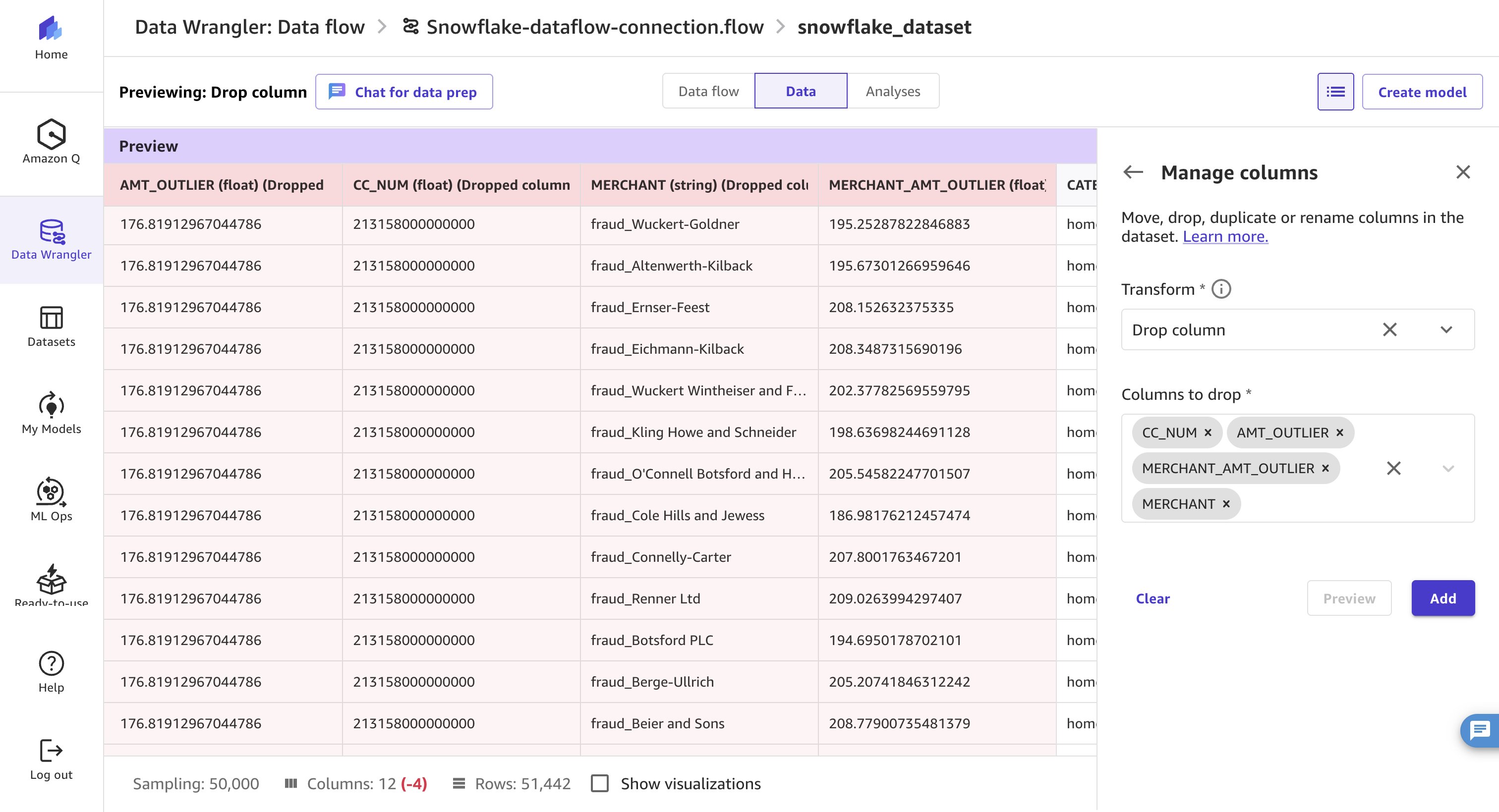 Manage Columns transform dropping sensitive columns from the dataset