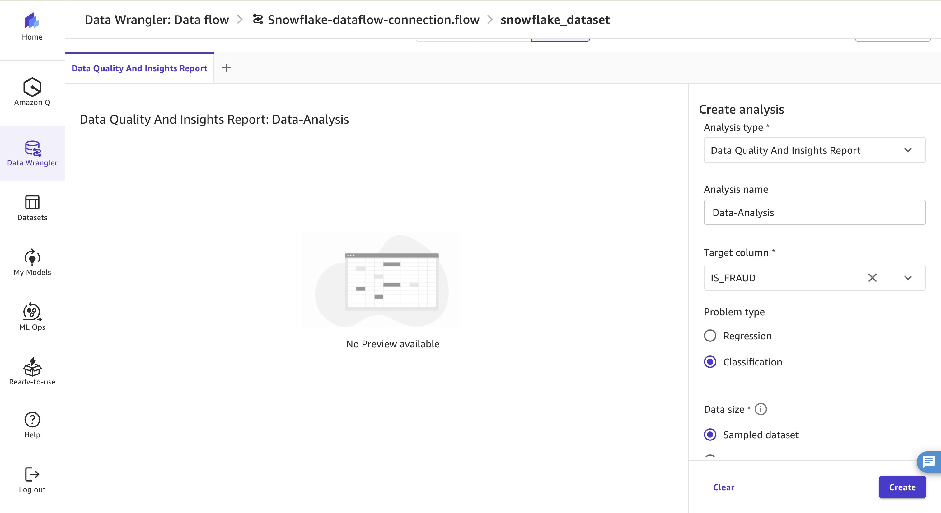 Data Quality and Insights Report configuration with IS_FRAUD target and Classification problem type